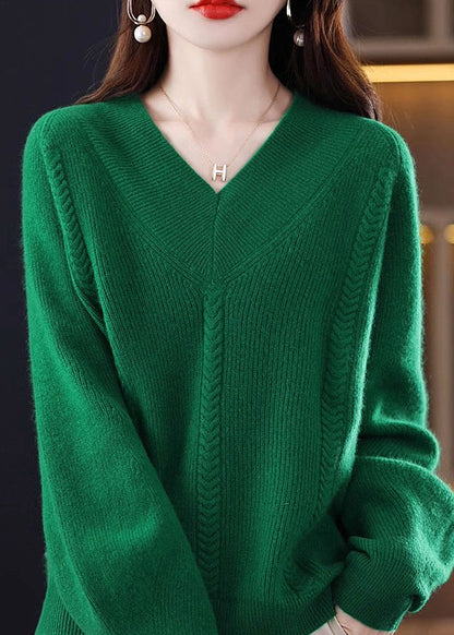 Gemütlicher grüner V-Ausschnitt, einfarbiger Strickpullover, Herbst QI002