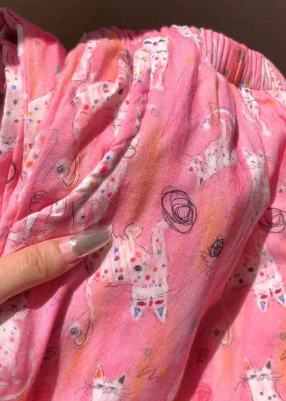Pajamas Pink Waist Summer Print Cozy Pants Elastic Cotton