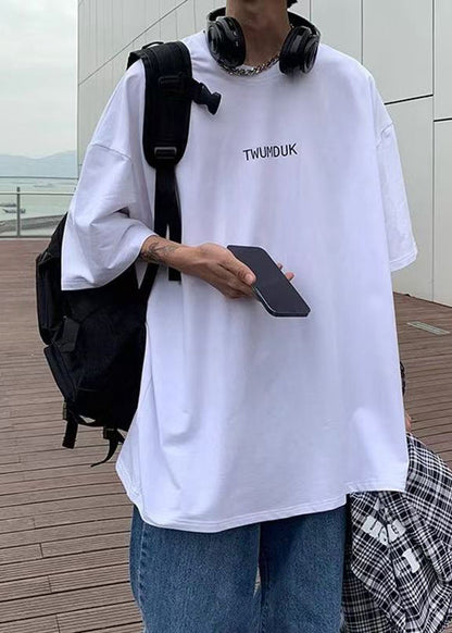 White Men Print Shirt T O-Neck Summer Cotton Cozy