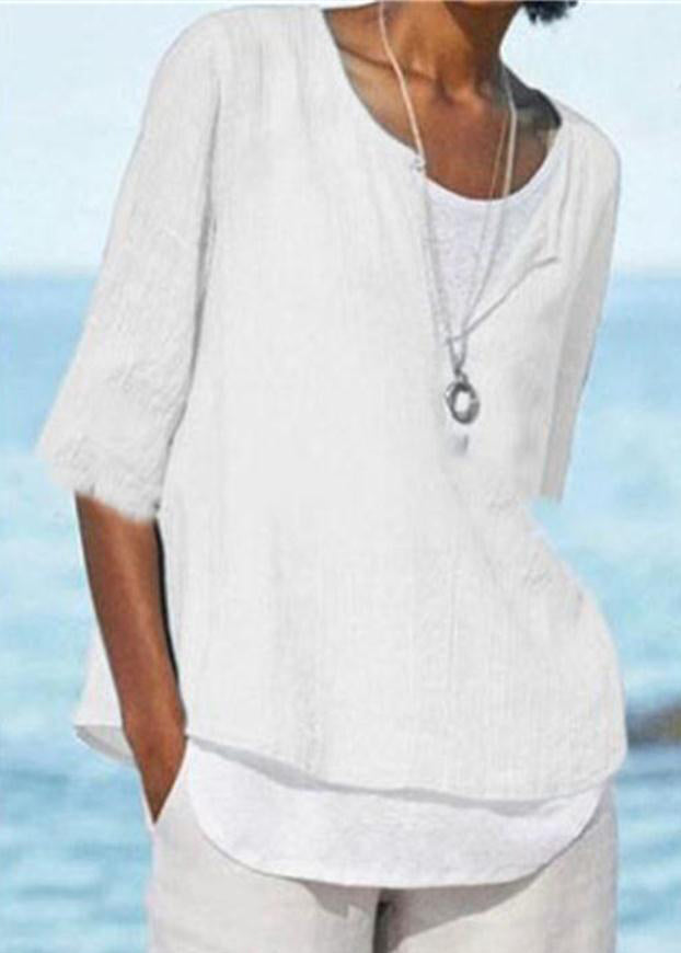 Cozy White V Neck Solid Cotton T Shirts Half Sleeve FF065