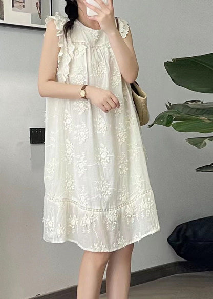 Cute Beige O-Neck Embroidered Floral Silk Cotton Mid Dress Summer BV024