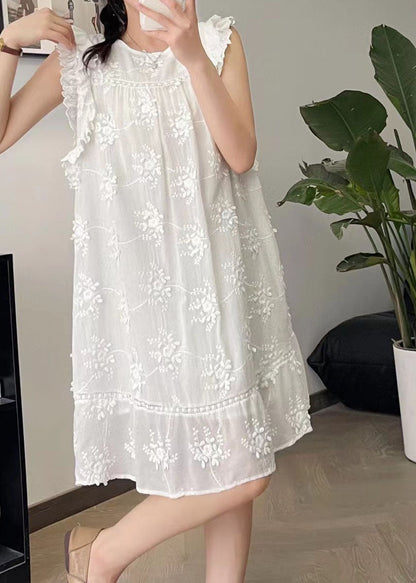 Cute Beige O-Neck Embroidered Floral Silk Cotton Mid Dress Summer BV024