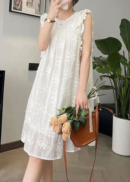 Cute Beige O-Neck Embroidered Floral Silk Cotton Mid Dress Summer BV024