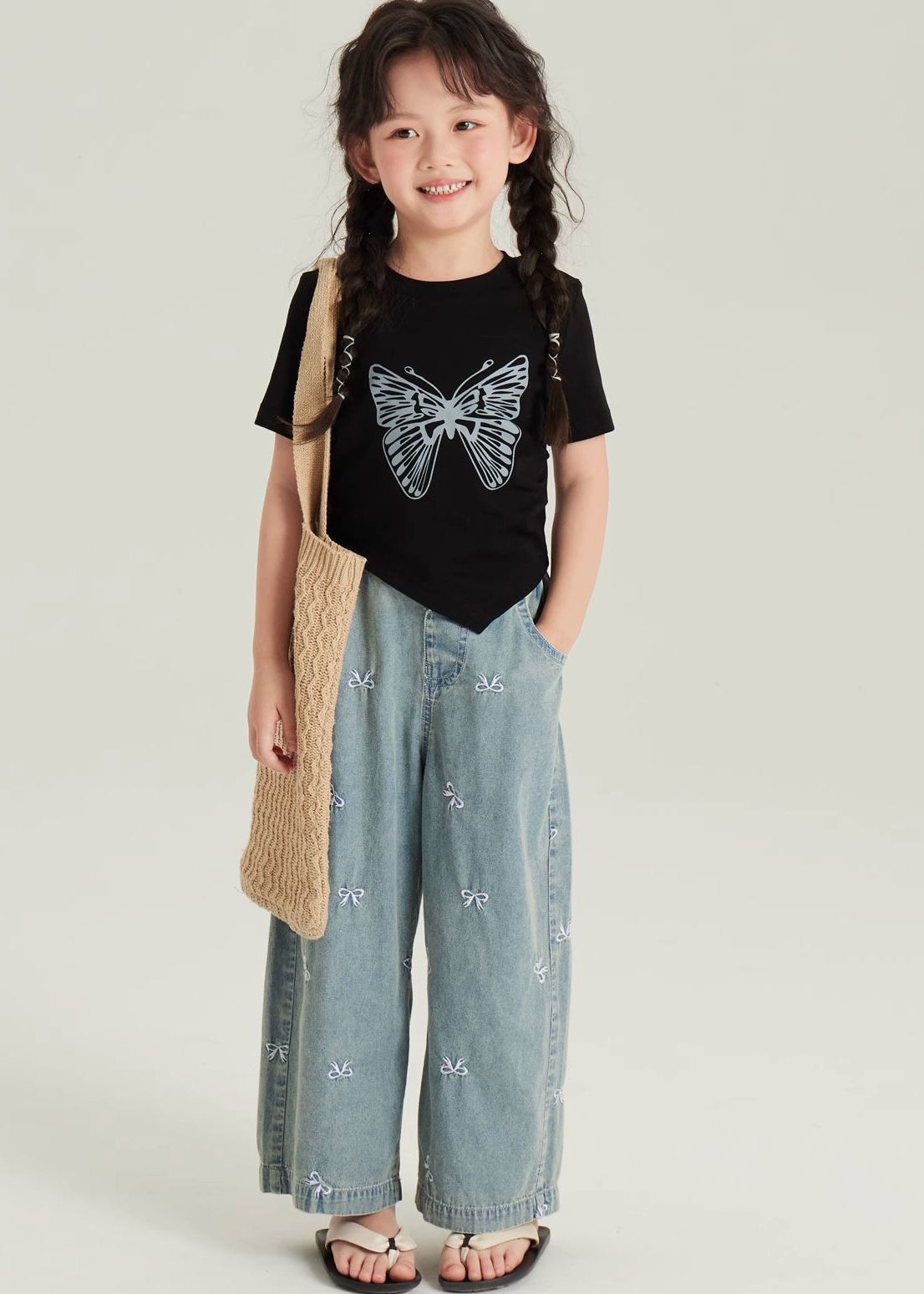 Ensemble deux pièces haut et pantalon court à imprimé papillon asymétrique noir pour fille, manches courtes, YU1061