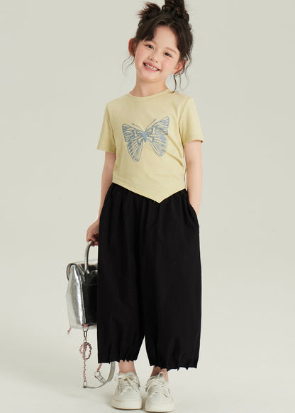 Ensemble deux pièces haut et pantalon court à imprimé papillon asymétrique noir pour fille, manches courtes, YU1061