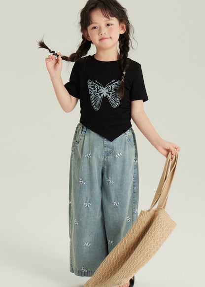 Ensemble deux pièces haut et pantalon court à imprimé papillon asymétrique noir pour fille, manches courtes, YU1061