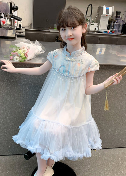 Cute Blue Print Patchwork Tassel Tulle Kids Long Dresses Summer MN027