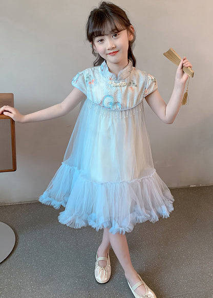 Cute Blue Print Patchwork Tassel Tulle Kids Long Dresses Summer MN027