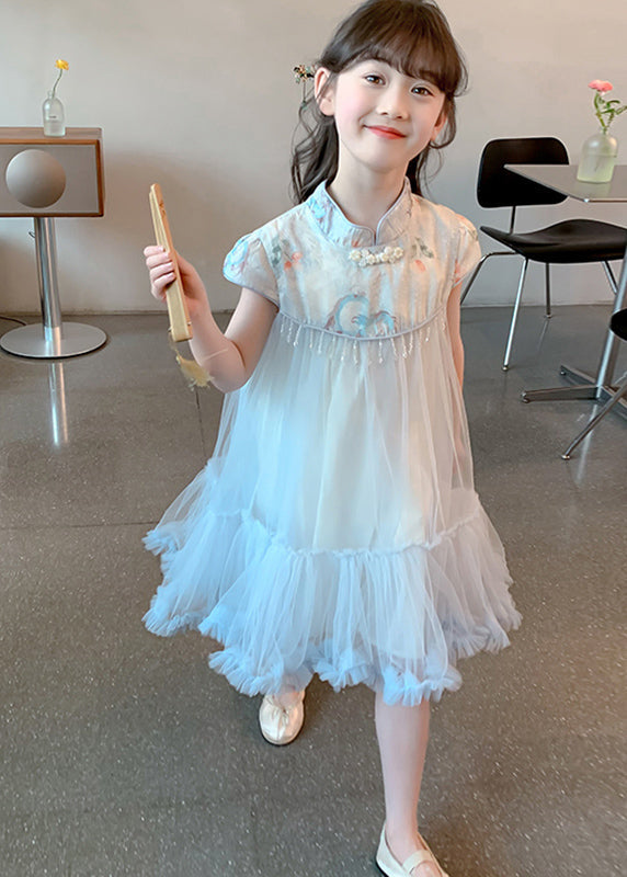 Cute Blue Print Patchwork Tassel Tulle Kids Long Dresses Summer MN027