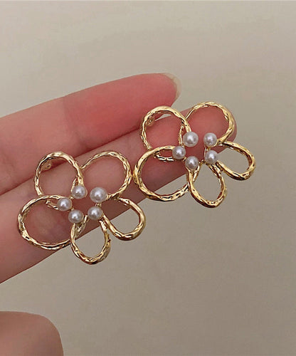 Cute Gold Copper Overgild Pearl Floral Hollow Out Stud Earrings ZZ058