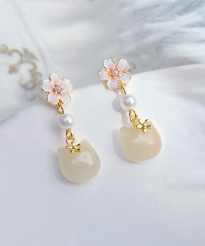 Cute Gold Sterling Silver Alloy Sakura Little Cat Drop Earrings QU045