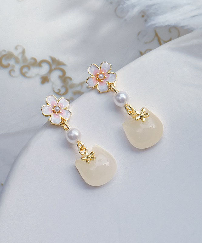 Cute Gold Sterling Silver Alloy Sakura Little Cat Drop Earrings QU045