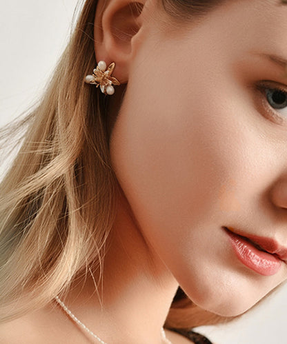 Silver Floral Cute Green Sterling Stud Pearl Copper Enamel