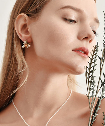 Silver Floral Cute Green Sterling Stud Pearl Copper Enamel