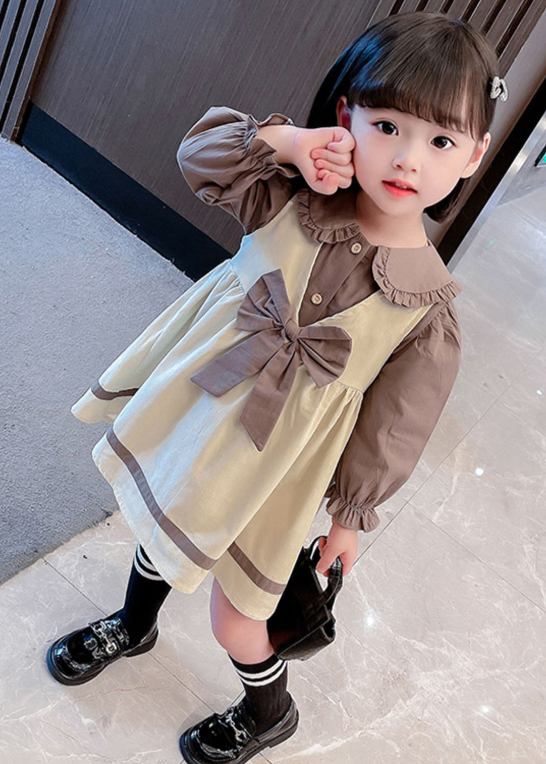 Süßes Khaki Schleife Hemd und Kleid Baumwolle Mädchen Zweiteiler Herbst XZ066