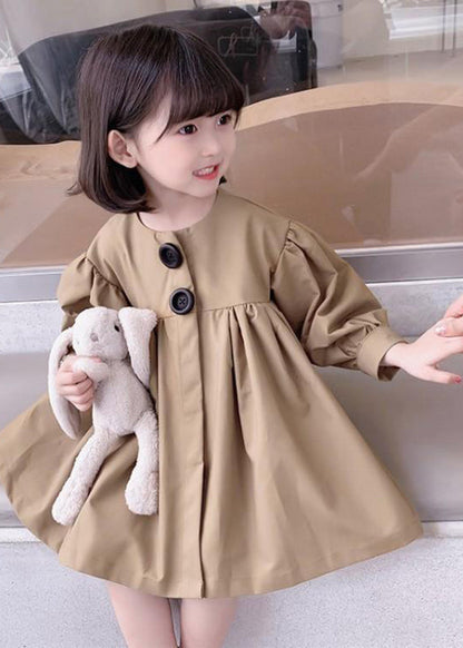 Cute Khaki O-Neck Patchwork Kids Mid Dresses Fall SS1037