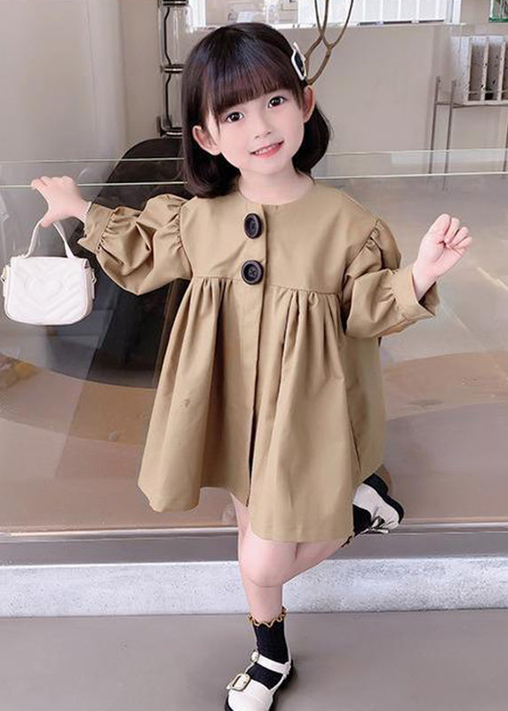 Cute Khaki O-Neck Patchwork Kids Mid Dresses Fall SS1037