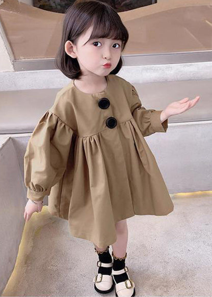 Cute Khaki O-Neck Patchwork Kids Mid Dresses Fall SS1037