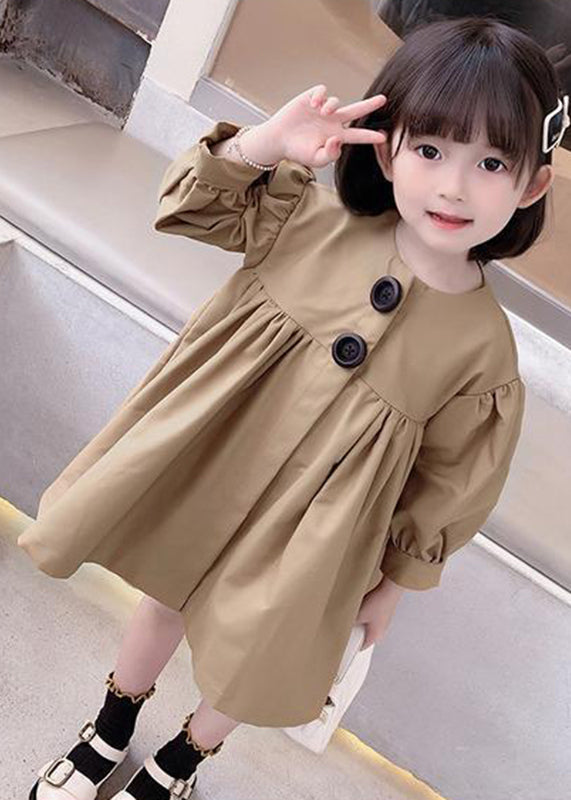 Cute Khaki O-Neck Patchwork Kids Mid Dresses Fall SS1037