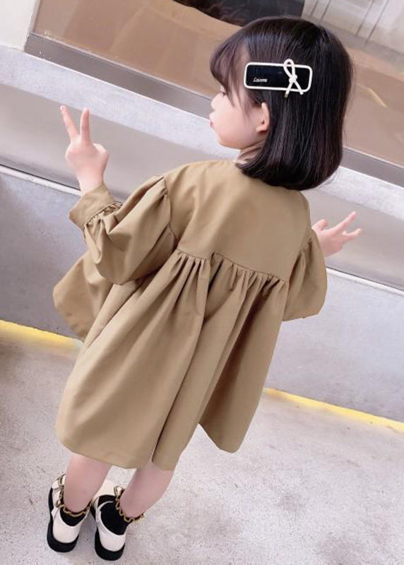 Cute Khaki O-Neck Patchwork Kids Mid Dresses Fall SS1037