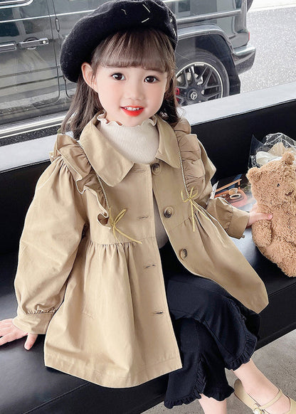 Cute Khaki Peter Pan Collar Wrinkled Button Girls Trench Coat Fall QV039