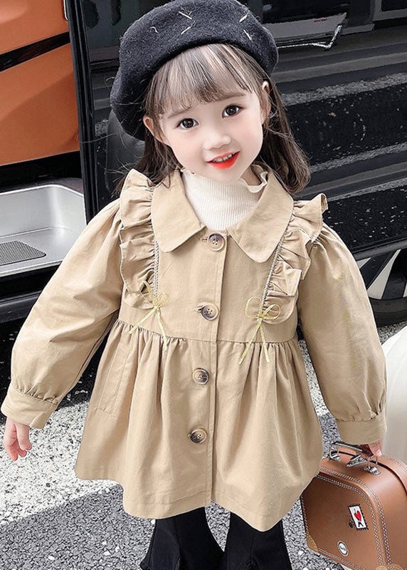 Cute Khaki Peter Pan Collar Wrinkled Button Girls Trench Coat Fall QV039