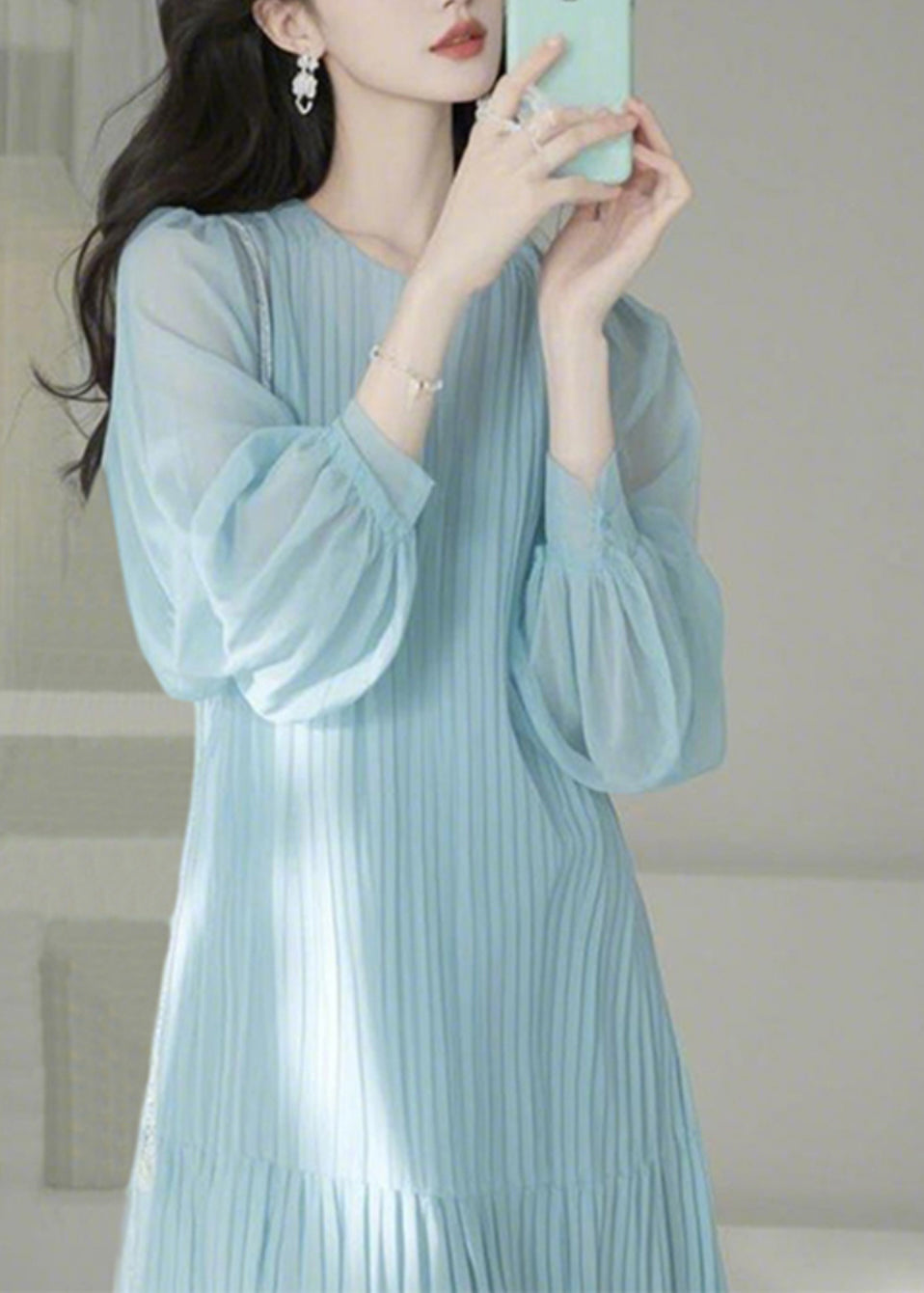 O-Neck Blue Maxi Spring Cinched Light Cute Dresses