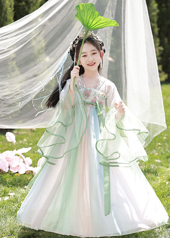 Spring Dresses Chiffon Cute Long Embroideried Kids Light Green