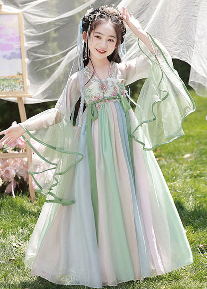 Spring Dresses Chiffon Cute Long Embroideried Kids Light Green