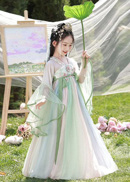 Spring Dresses Chiffon Cute Long Embroideried Kids Light Green