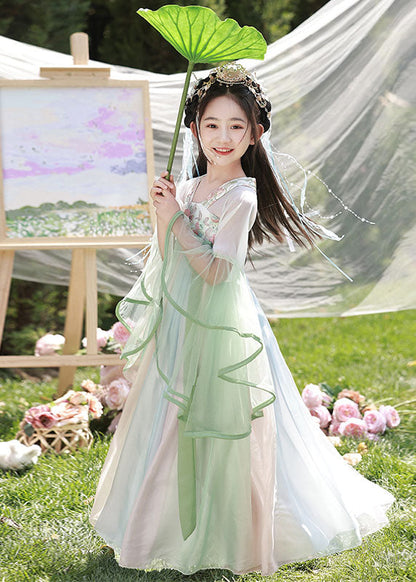 Spring Dresses Chiffon Cute Long Embroideried Kids Light Green