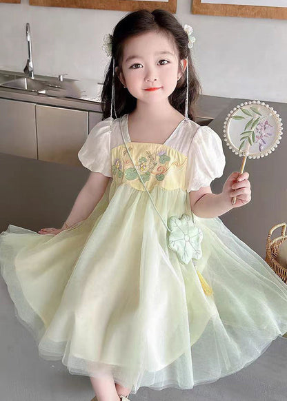 Cute Light Green Square Collar Patchwork Tulle Kids Long Dresses Short Sleeve MN008