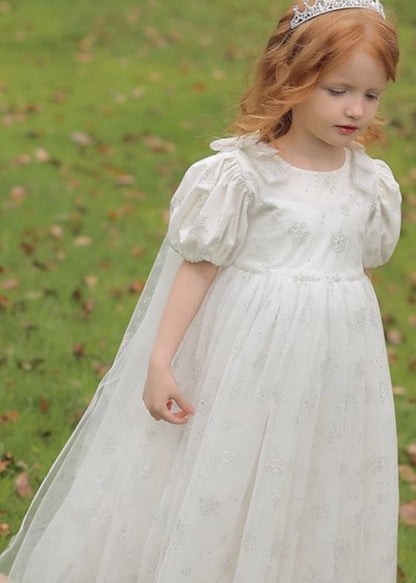 Cute Lighy Blue O-Neck Patchwork Wrinkled Tulle Kids Long Dress Summer XZ007