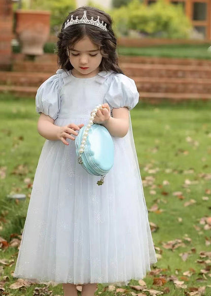 Cute Lighy Blue O-Neck Patchwork Wrinkled Tulle Kids Long Dress Summer XZ007