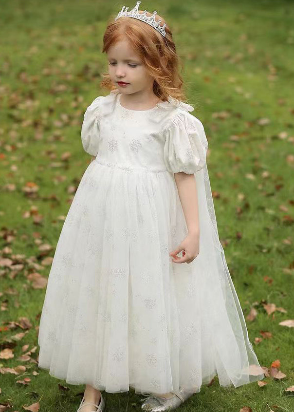 Cute Lighy Blue O-Neck Patchwork Wrinkled Tulle Kids Long Dress Summer XZ007