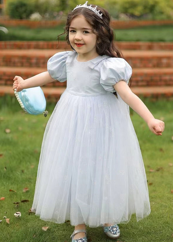 Cute Lighy Blue O-Neck Patchwork Wrinkled Tulle Kids Long Dress Summer XZ007