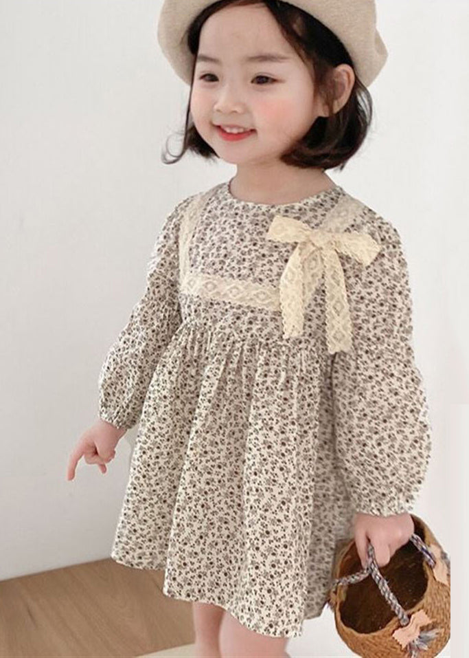 Cute O-Neck Print Lace Patchwork Bow Girls Mid Dress Long Sleeve SS1066