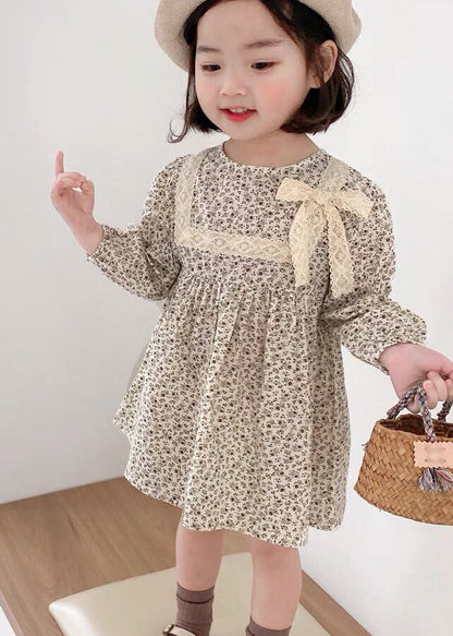 Cute O-Neck Print Lace Patchwork Bow Girls Mid Dress Long Sleeve SS1066