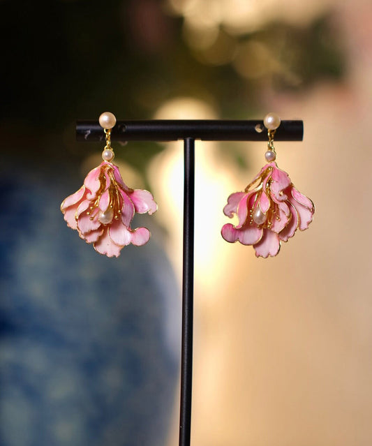 Cute Pink Alloy Pearl Enamel Jade Orchid Drop Earrings WQ007