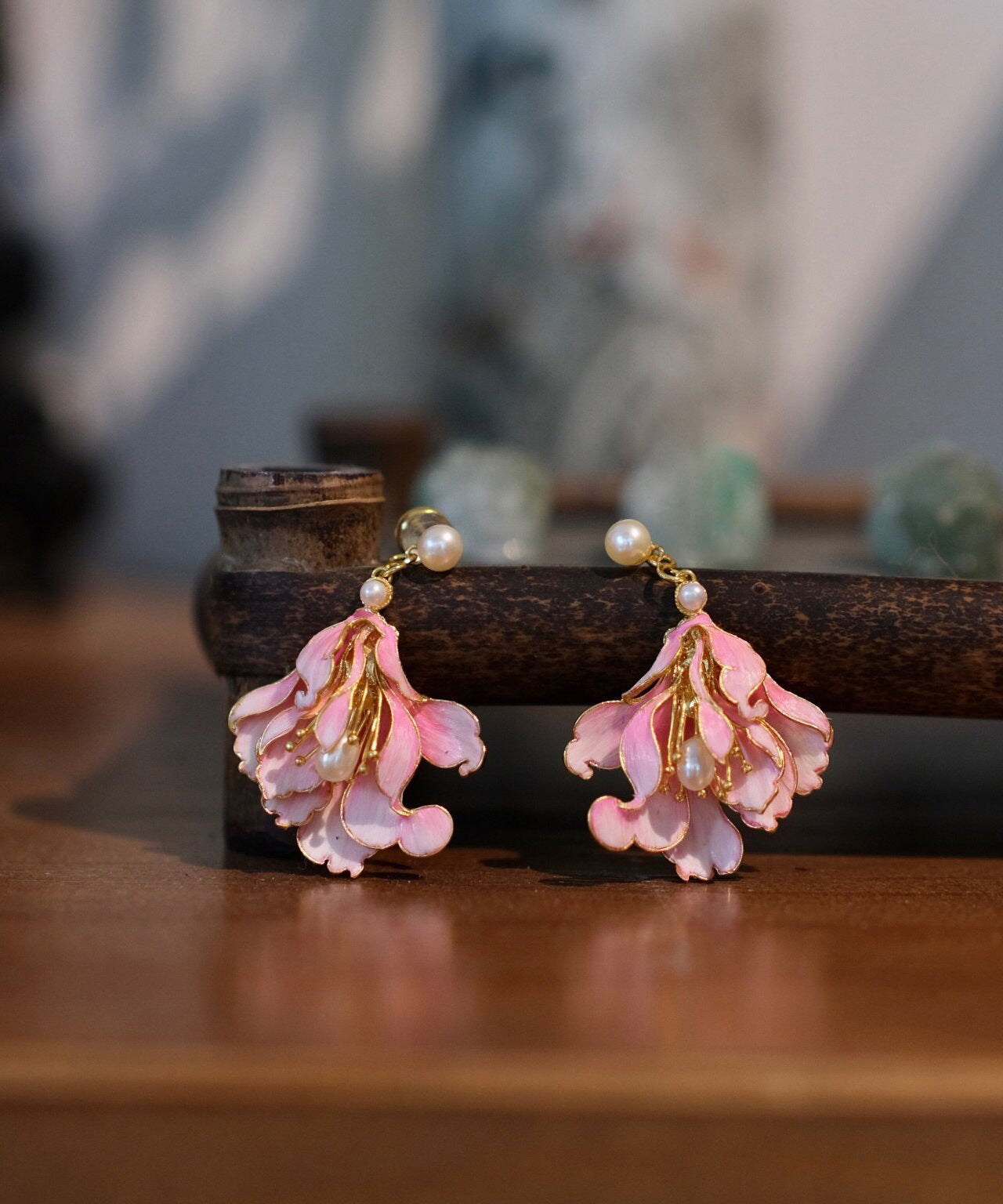 Cute Pink Alloy Pearl Enamel Jade Orchid Drop Earrings WQ007