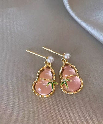 Alloy Pink Hollow Resin Out Earrings Drop Calabash Cute Zircon