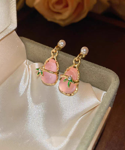 Alloy Pink Hollow Resin Out Earrings Drop Calabash Cute Zircon