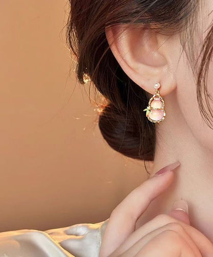 Alloy Pink Hollow Resin Out Earrings Drop Calabash Cute Zircon