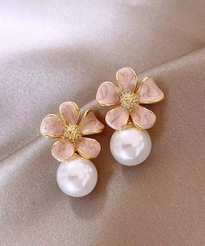 Cute Pink Copper Alloy Floral Pearl Stud Earrings WH037