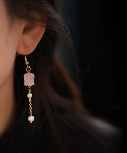 Cute Pink Copper Overgild Crystal Pearl Lily Of The Valley Tassel Drop Earrings QU034