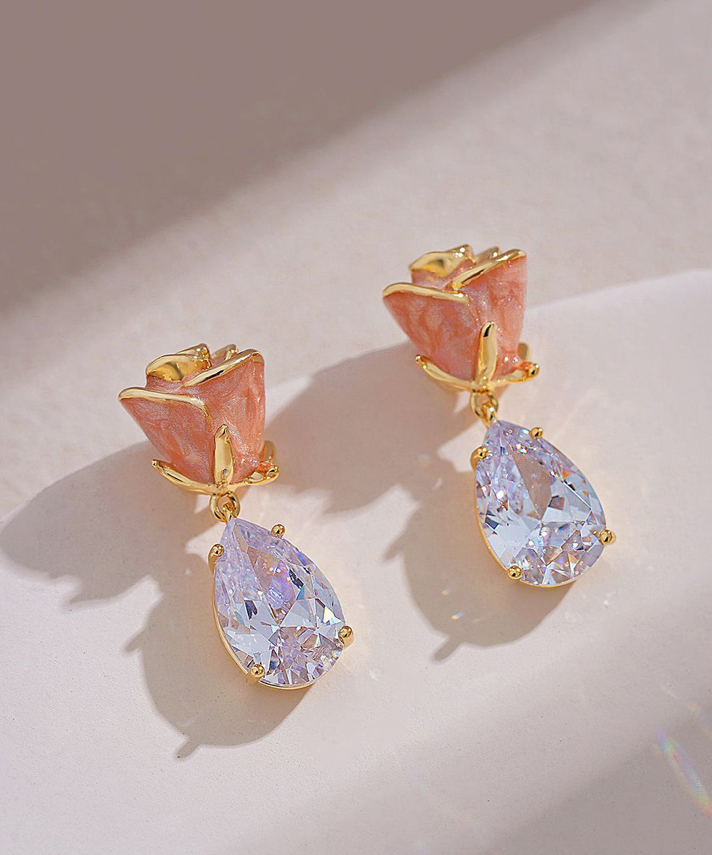 Rose Pink Gem Zircon Cute Copper Stone Water Earrings Drop