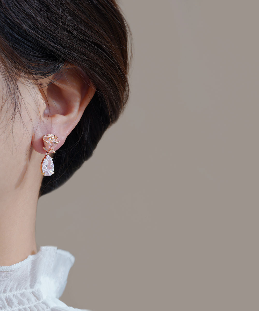 Rose Pink Gem Zircon Cute Copper Stone Water Earrings Drop