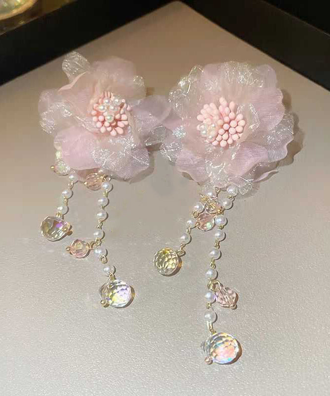 Cute Pink Crystal Pearl Tulle Floral Tassel Drop Earrings II007