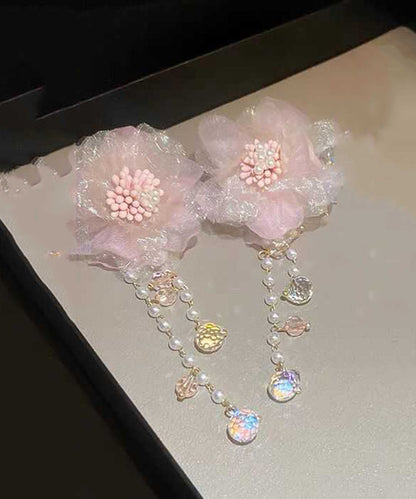 Cute Pink Crystal Pearl Tulle Floral Tassel Drop Earrings II007