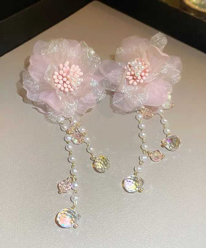 Cute Pink Crystal Pearl Tulle Floral Tassel Drop Earrings II007